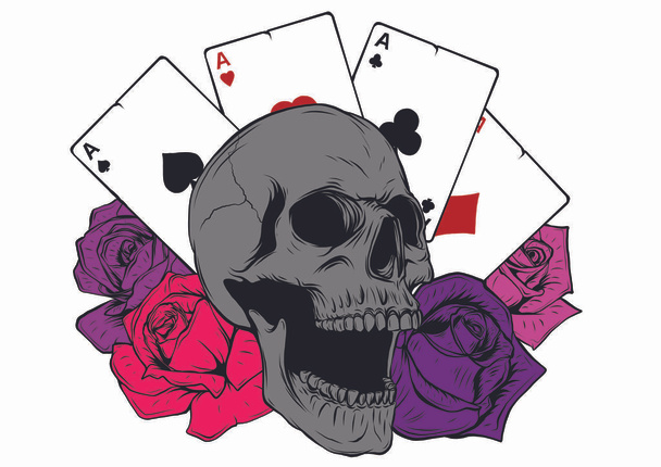 άσους πόκερ και τριαντάφυλλα με το κρανίο, γκραντζ vintage διάνυσμα - Διάνυσμα, εικόνα