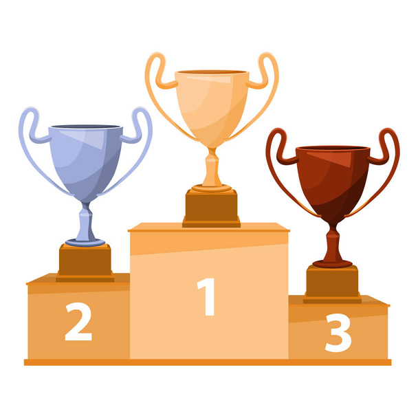 Winners podium with goblet. Gold, silver and bronze trophy cups. - Vector, Image