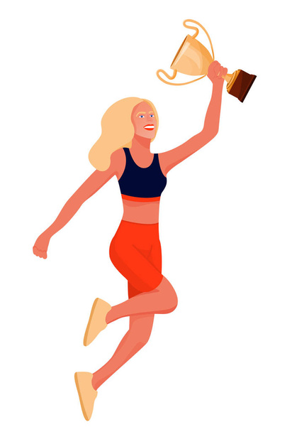 Vektor-Illustration mit glücklichem Sportler, der Goldpokal in der Hand hält und läuft. - Vektor, Bild