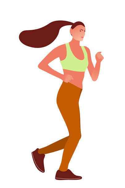 Vektor-Illustration mit laufendem netten Mädchen in flachem Stil. Frau macht Ausbildung. - Vektor, Bild