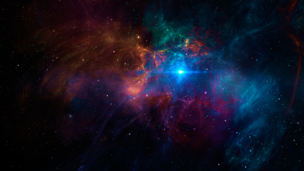 Διαστημική σκηνή. Πολύχρωμο νεφέλωμα φράκταλ με αστέρια και μπλε φως.  - Φωτογραφία, εικόνα