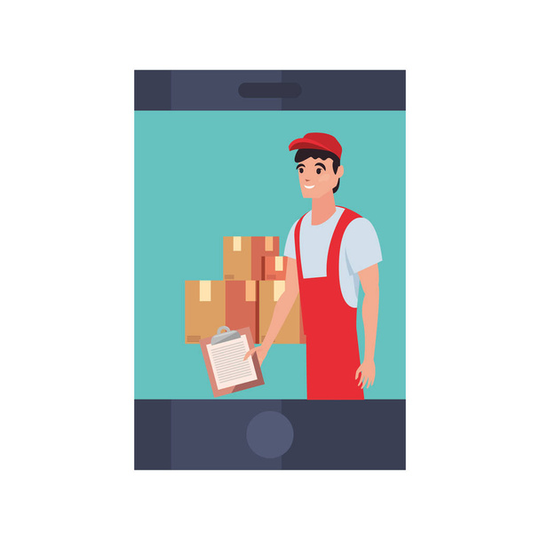 smartphone man with clipboard package fast delivery - Vector, Image