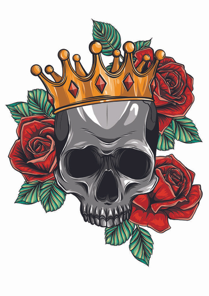 Illustration vectorielle crâne de mort humaine en couronne de roses - Vecteur, image