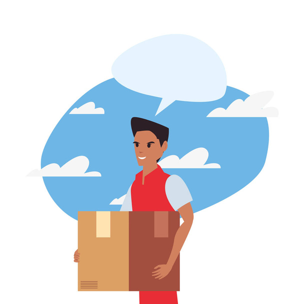 man employee package talk bubble fast delivery - Vector, Image