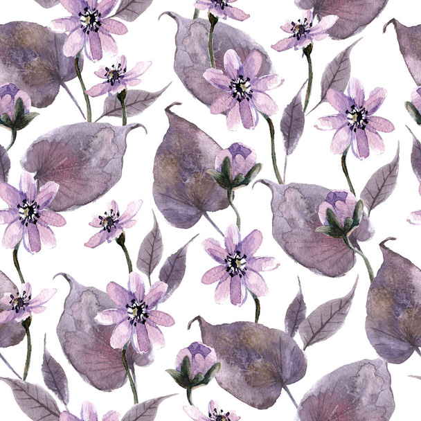 Watercolor seamless pattern with mystical flowers and forest leaves. - Foto, Bild