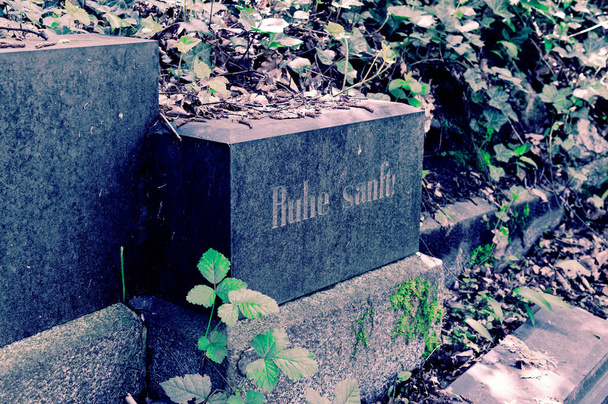 Złamany nagrobek z uszkodzeniami na cmentarzu na zielono - Zdjęcie, obraz