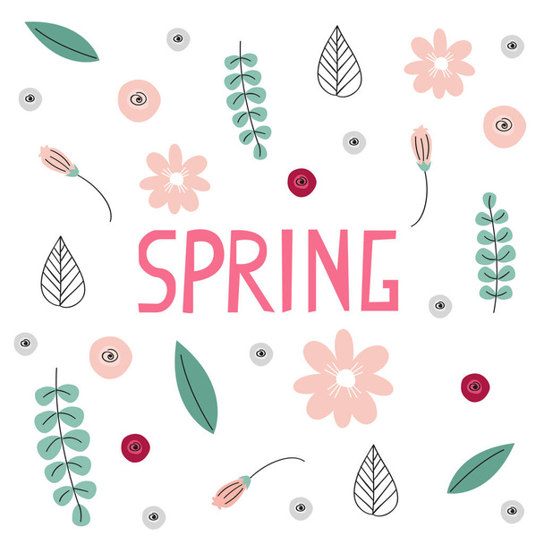 abstract floral illustration with linscription spring and pink flowers - Vector, Image