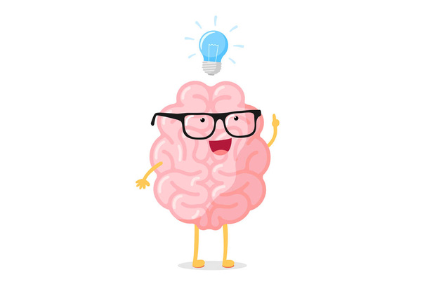 Κινούμενα σχέδια έξυπνο ανθρώπινο μυαλό χαρακτήρα με γυαλιά και λάμπα φως ιδέα σκέψη. Κεντρικό νευρικό σύστημα έμπνευση όργανο αστεία επίπεδη απεικόνιση - Διάνυσμα, εικόνα