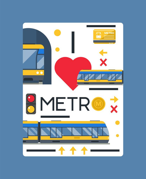 I love metro poster vector illustration. Metro station elements including train, platform, electronic card, traffic light. City public transport. Traveling around town. Fast way of moving. - Vector, Image