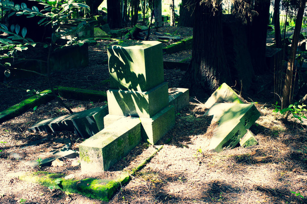 Yeşil bir mezarlıküzerinde hasar ile kırık mezar taşı - Fotoğraf, Görsel