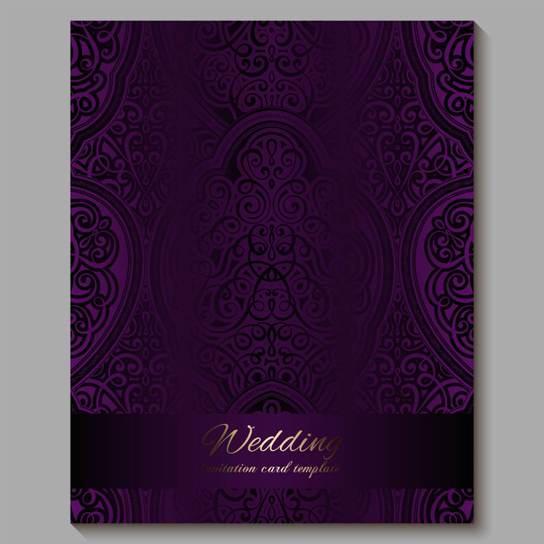 Wedding invitation card with gold shiny eastern and baroque rich foliage. Royal purple Ornate islamic background for your design. Islam, Arabic, Indian, Dubai. - Vector, Image