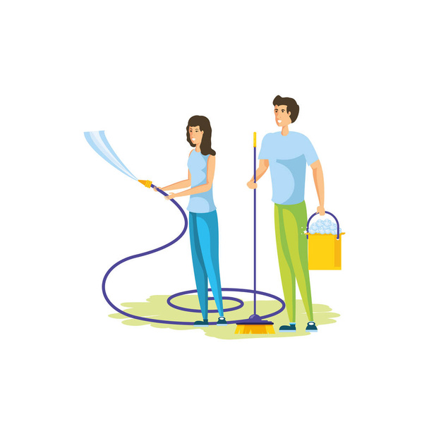 Isolated woman and man cartoon cleaning design - Vector, Image