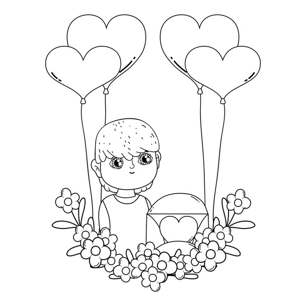 young cute lover boy with balloons helium - Vector, Image