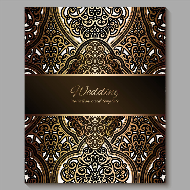 Bruiloft uitnodigingskaart met goud glanzend Oosterse en barokke rijke loof. Koninklijke bronzen sierlijke islamitische achtergrond voor uw ontwerp. Islam, Arabisch, Indisch, Dubai. - Vector, afbeelding