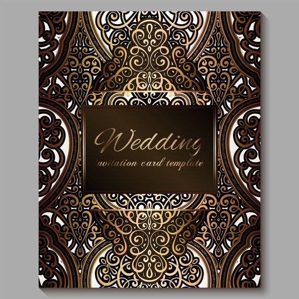 Bruiloft uitnodigingskaart met goud glanzend Oosterse en barokke rijke loof. Koninklijke bronzen sierlijke islamitische achtergrond voor uw ontwerp. Islam, Arabisch, Indisch, Dubai. - Vector, afbeelding