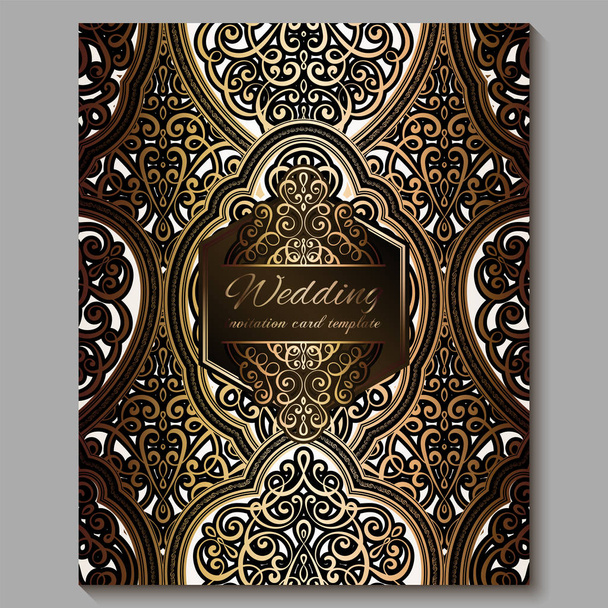 Altın parlak doğu ve barok zengin yaprakları ile Düğün davetiye kartı. Tasarım için Kraliyet bronz Süslü İslami arka plan. İslam, Arapça, Hint, Dubai. - Vektör, Görsel