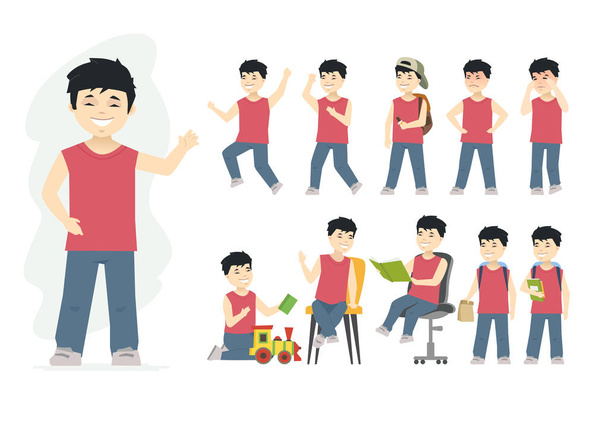 Kínai fiú-vektor karikatúra emberek karakterkészletet - Vektor, kép