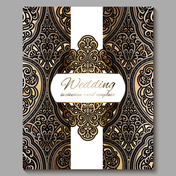 Hochzeitseinladungskarte mit goldglänzendem orientalischem und barockem Blattwerk. königliche Bronze verziert islamischen Hintergrund für Ihr Design. Islam, Arabisch, Indisch, Dubai. - Vektor, Bild