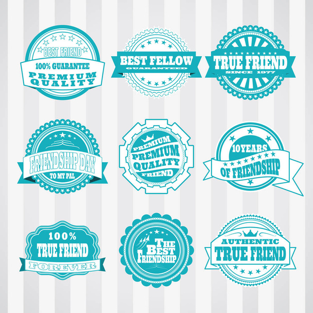 Vintage etiketten stempels vector set voor vriendschap dag. Retro etiketten stempels vector set voor Happy Friendship Day. - Vector, afbeelding
