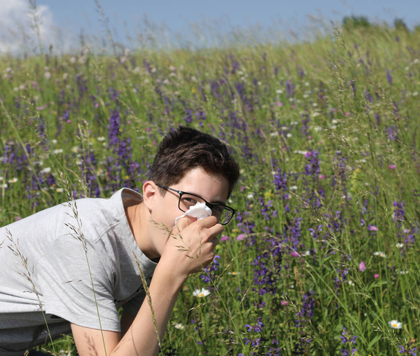 Niño con gafas en los prados con alergia
 - Foto, imagen
