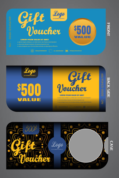 Vector set of blank gift voucher with case to increase sales with pattern on a black, blue and gold background. - Vector, Image