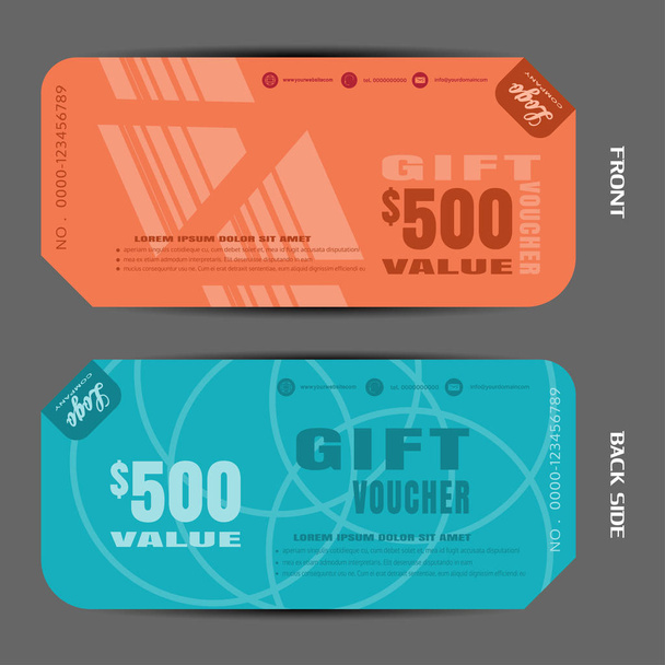 Blank of gift voucher vector illustration to attract new customer on orange and turquoise background with lines. - Vector, Image