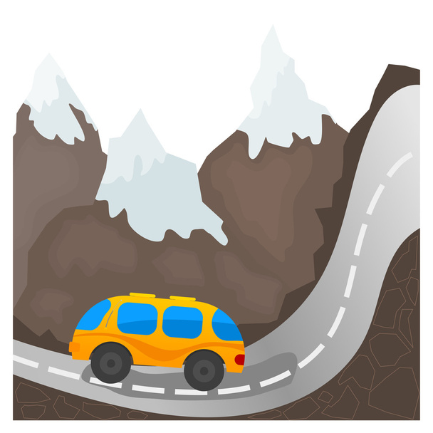 Cartoon bus on a mountain road - Вектор,изображение
