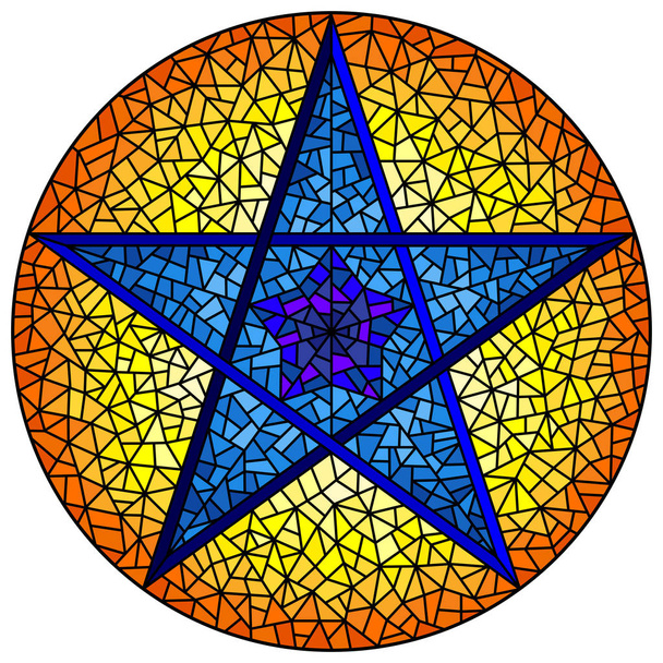 Illustration in stained glass style with abstract blue  five-pointed star on orange background, round image  - Vector, Image