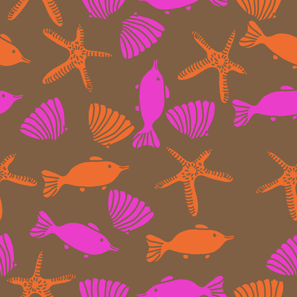 Seamless pattern of fish, shells and starfishes - Vector, Image