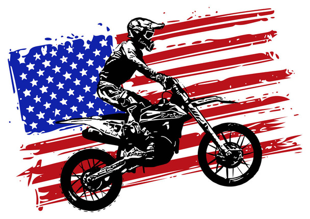 Hand drawn and inked American motocross motorcycle with american flag - Vector, Image