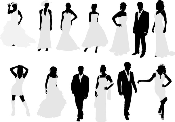 Brides and grooms collection silhouettes - Vector, Image