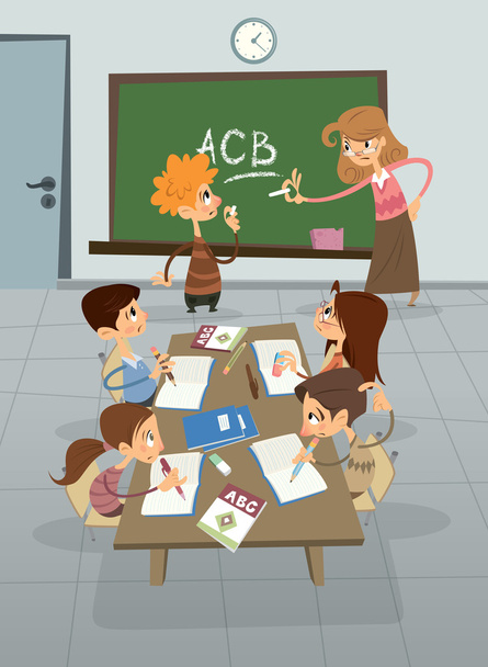 Lição de língua inglesa em sala de aula, alfabeto de aprendizagem de alunos com
 - Foto, Imagem
