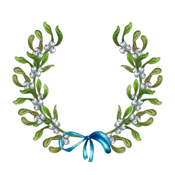 手描きのヤドリキの花輪。水彩クリスマス植物の背景. - 写真・画像