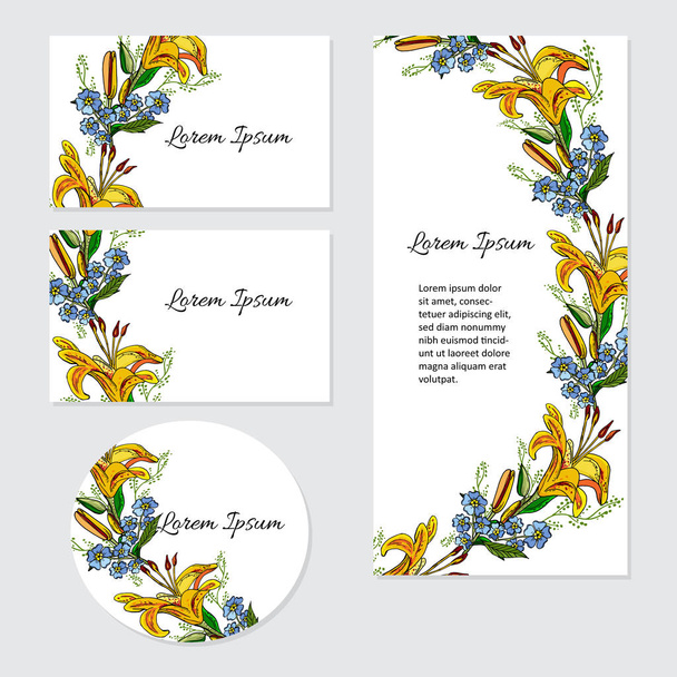 Set of cards with lily flowers. Wedding ornament concept. Botanical floral cards. - Vector, Image