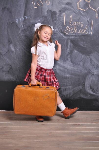 Porträt einer schönen lächelnden jungen Erstklässlerin mit rotem Koffer auf Tafel-Hintergrund. Schul- und Bildungskonzept - Foto, Bild