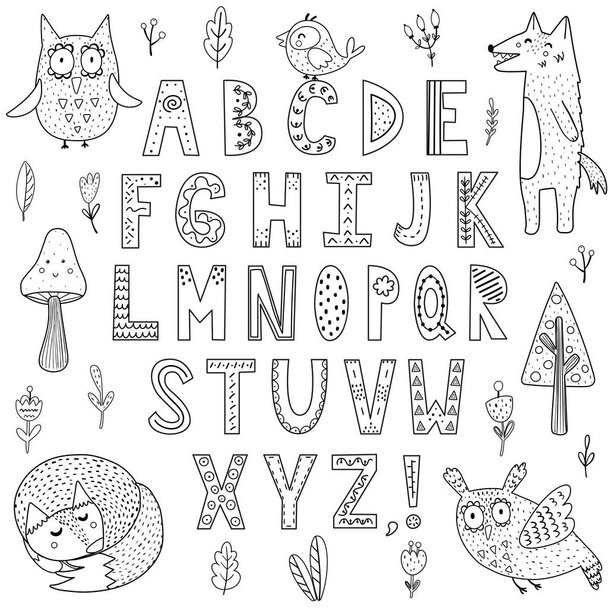 Black and white alphabet with forest animals - Vector, Image