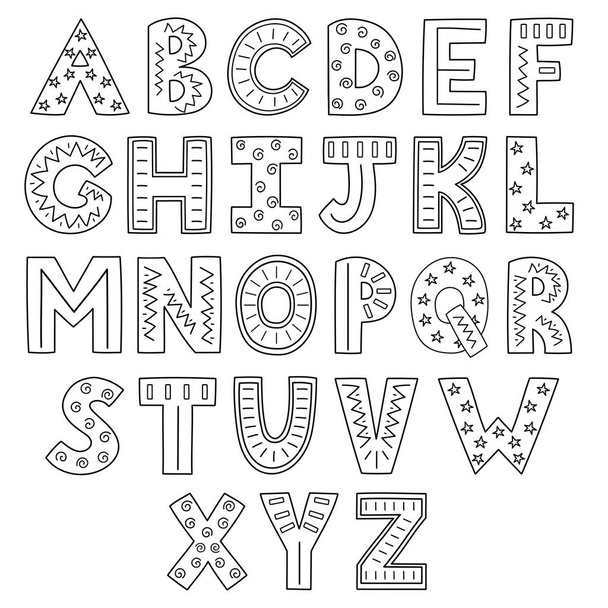Siyah beyaz alfabe. El çizilmiş anahat Abc - Vektör, Görsel