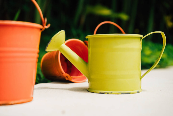 Colorful watering cans and buckets for plants in garden - Photo, Image
