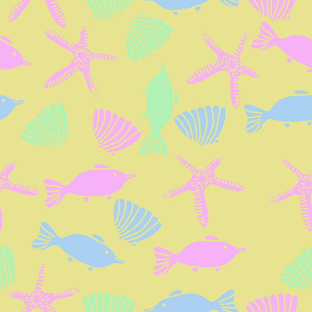 Seamless pattern of fish, shells and starfishes - Vector, Imagen