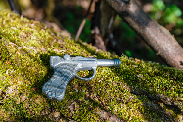 іграшковий пістолет з свинцю лежить на старому дереві з мохом
 - Фото, зображення
