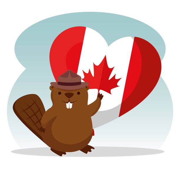 bobří s kanadskou srdeční vlajkou s dekorací listů na dovolenou - Vektor, obrázek
