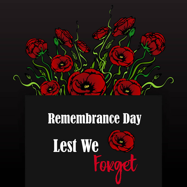 Remembrance day card with red poppies,  lest we forget, memorial - Vector, Image
