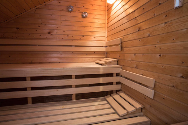 sauna wooden bath steam room hot healthy life, empty interior - Foto, Imagem