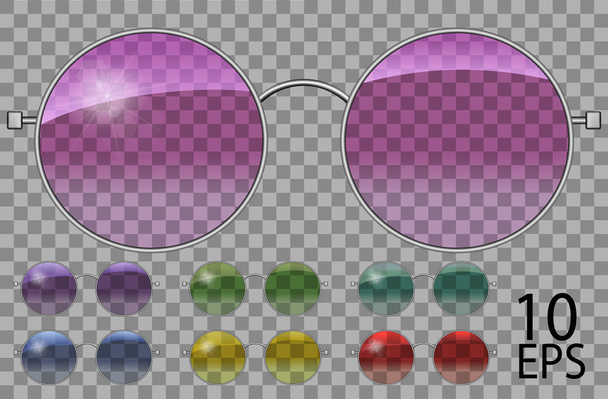 Set glasses.teashades redondo shape.transparent diverso color .pink azul púrpura amarillo rojo verde.sunglasses.3d graphics.unisex mujeres hombres
. - Vector, imagen