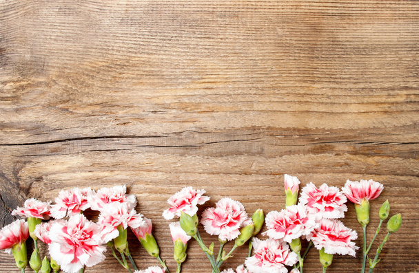 Pink carnations isolated on wooden background - Foto, afbeelding