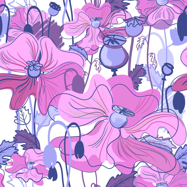 varrat nélküli mák mintázat rózsaszín és lila - Vektor, kép