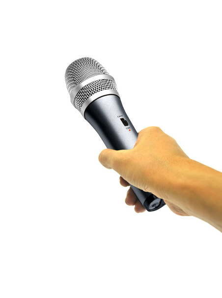 Hand holding microphone on white - Photo, Image