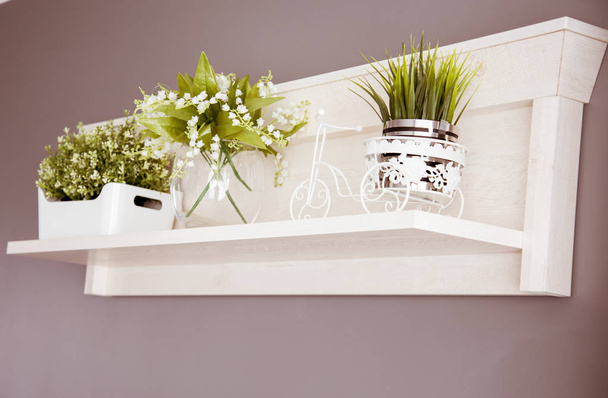 Mensola bianca e piante verdi
 - Foto, immagini