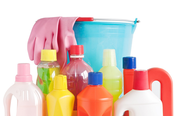 Garrafas de detergente e balde
 - Foto, Imagem