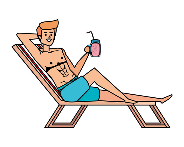 νεαρός άνδρας χαλαρώνοντας στην καρέκλα παραλία πόσιμο χυμό φρούτων - Διάνυσμα, εικόνα